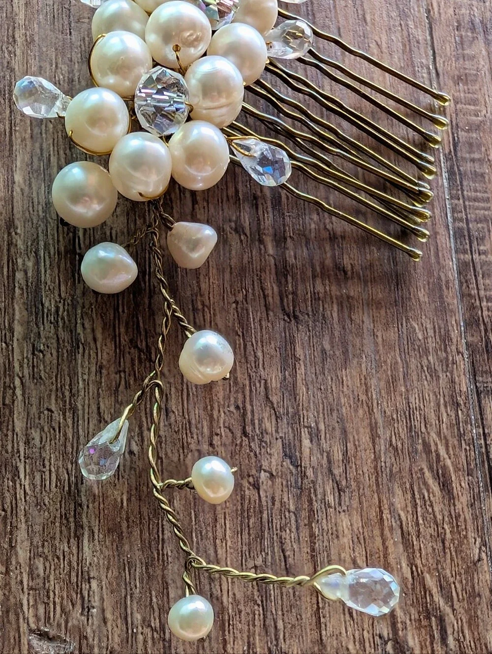 Pearl and Crystal Bridal Hair Comb - Gold Tone